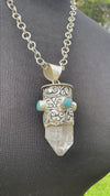 Chunky Clear Quartz Point & Turquoise in Tibetan Silverwork