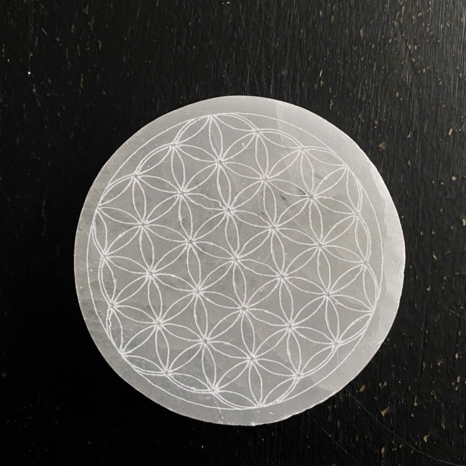 Selenite Flower of Life Cube Charging Plate 3"