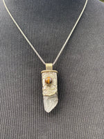 Clear Quartz Point & Tiger's eye in Tibetan Silverwork Necklace