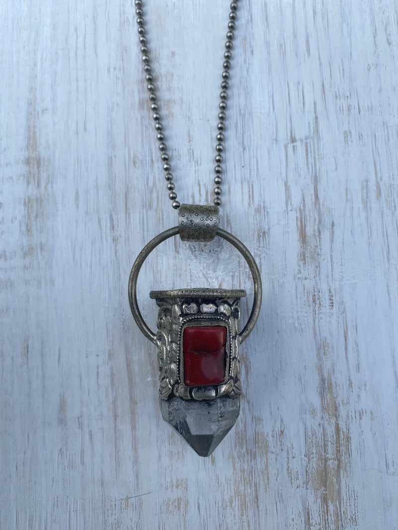 Chunky Clear Quartz Point & Coral in Tibetan Silverwork Necklace