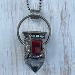 Chunky Clear Quartz Point & Coral in Tibetan Silverwork Necklace