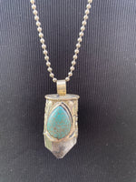 Chunky Clear Quartz Point & Turquoise in Tibetan Silverwork