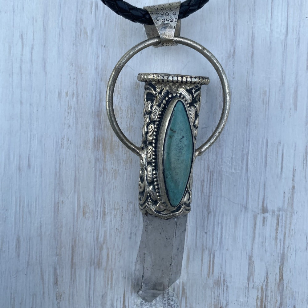 Clear Quartz Point & Turquoise in Tibetan Silverwork Necklace