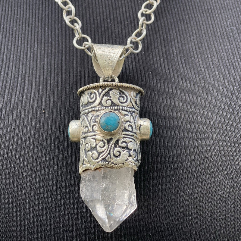 Chunky Clear Quartz Point & Turquoise in Tibetan Silverwork