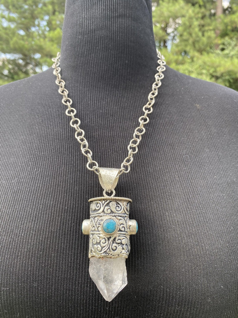 Chunky Clear Quartz Point & Turquoise in Tibetan Silverwork