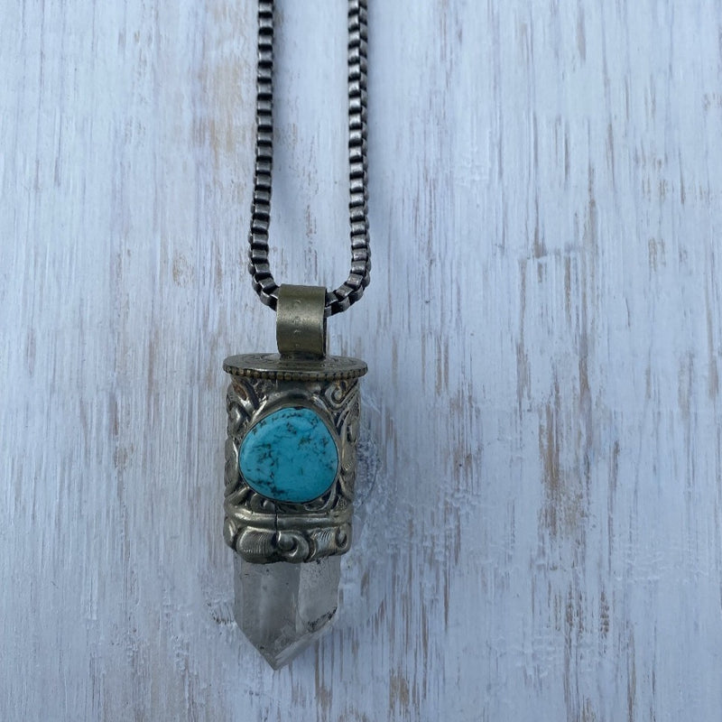 Clear Quartz Point & Turquoise in Tibetan Silverwork